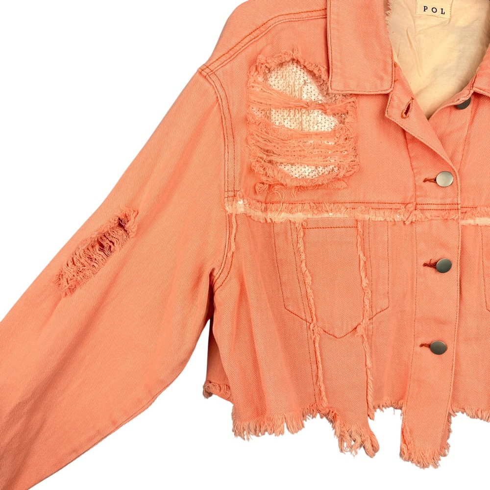POL Denim Jacket Womens Large Peach Distressed Sequin Love Cropped Frayed - Picture 6 of 8